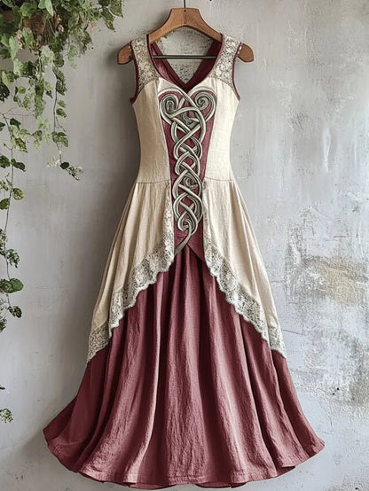 Damska Wikingowa Celtycki Węzeł Lniana Maxi Sukienka