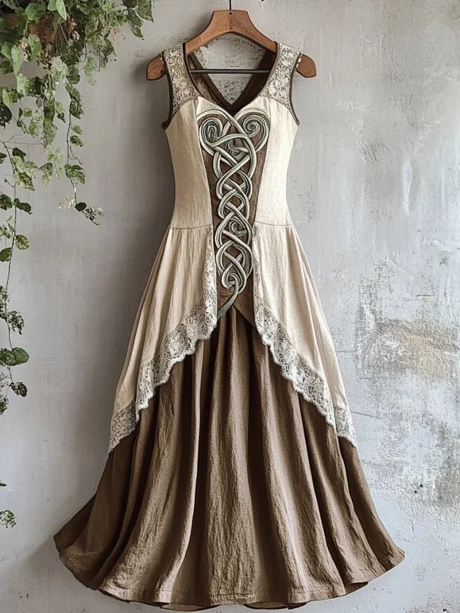 Damska Wikingowa Celtycki Węzeł Lniana Maxi Sukienka