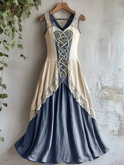 Damska Wikingowa Celtycki Węzeł Lniana Maxi Sukienka