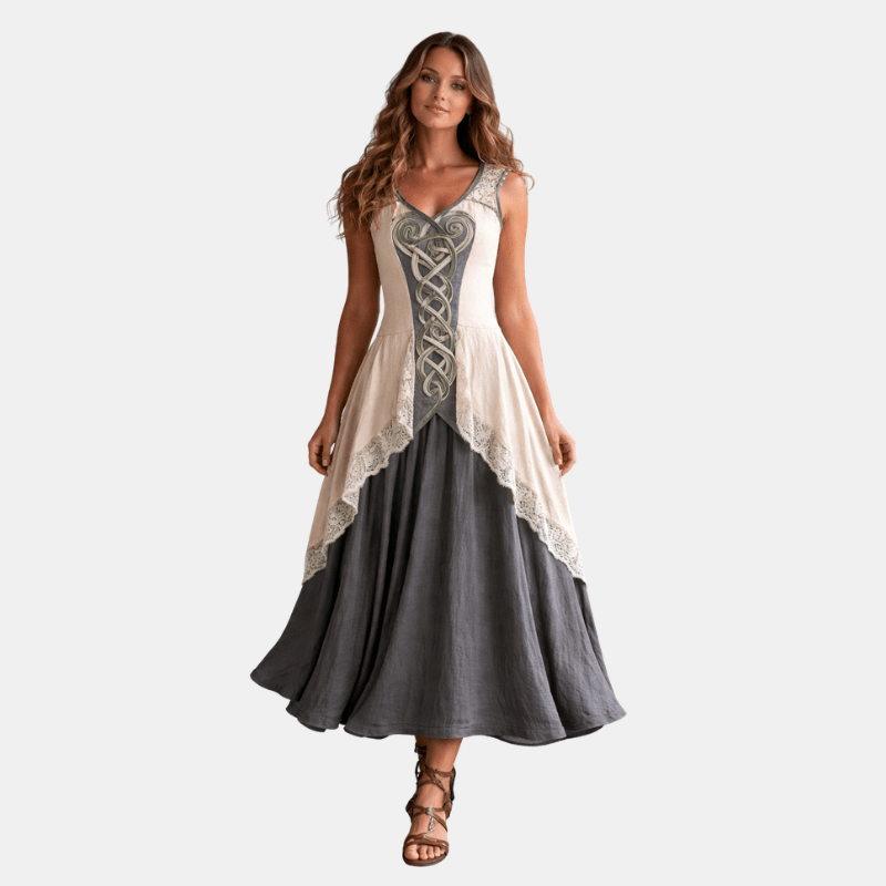 Damska Wikingowa Celtycki Węzeł Lniana Maxi Sukienka