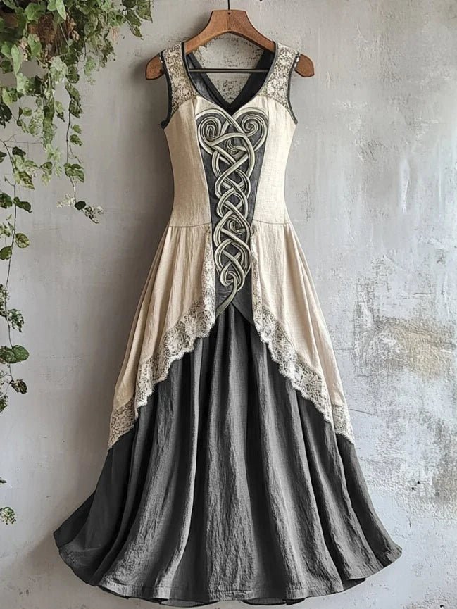 Damska Wikingowa Celtycki Węzeł Lniana Maxi Sukienka