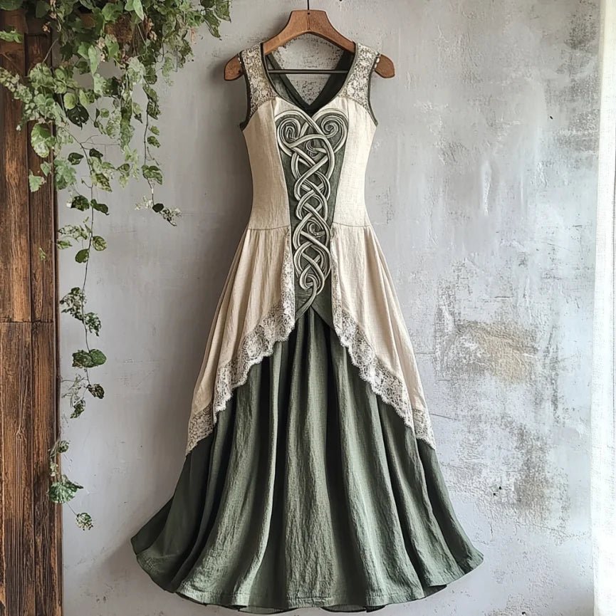 Damska Wikingowa Celtycki Węzeł Lniana Maxi Sukienka