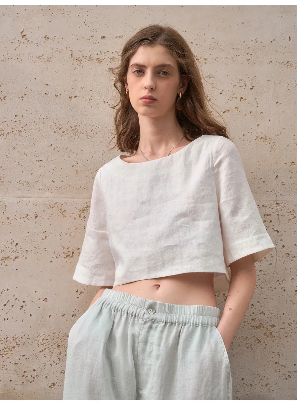 Damski Boxy Lniany Krótki Minimalistyczny Top