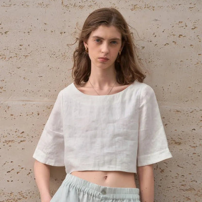 Damski Boxy Lniany Krótki Minimalistyczny Top