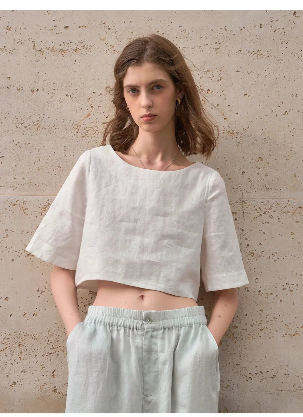 Damski Boxy Lniany Krótki Minimalistyczny Top