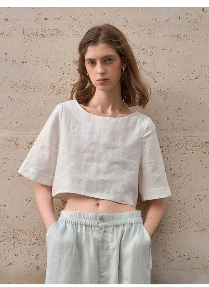 Damski Boxy Lniany Krótki Minimalistyczny Top