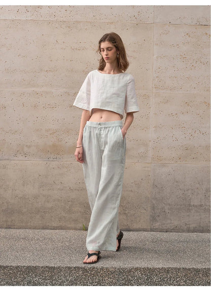 Damski Boxy Lniany Krótki Minimalistyczny Top