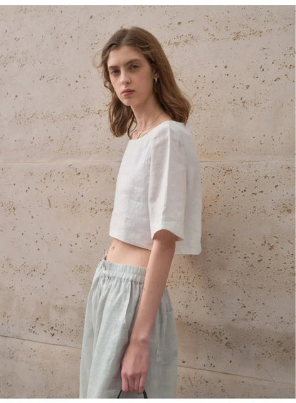Damski Boxy Lniany Krótki Minimalistyczny Top