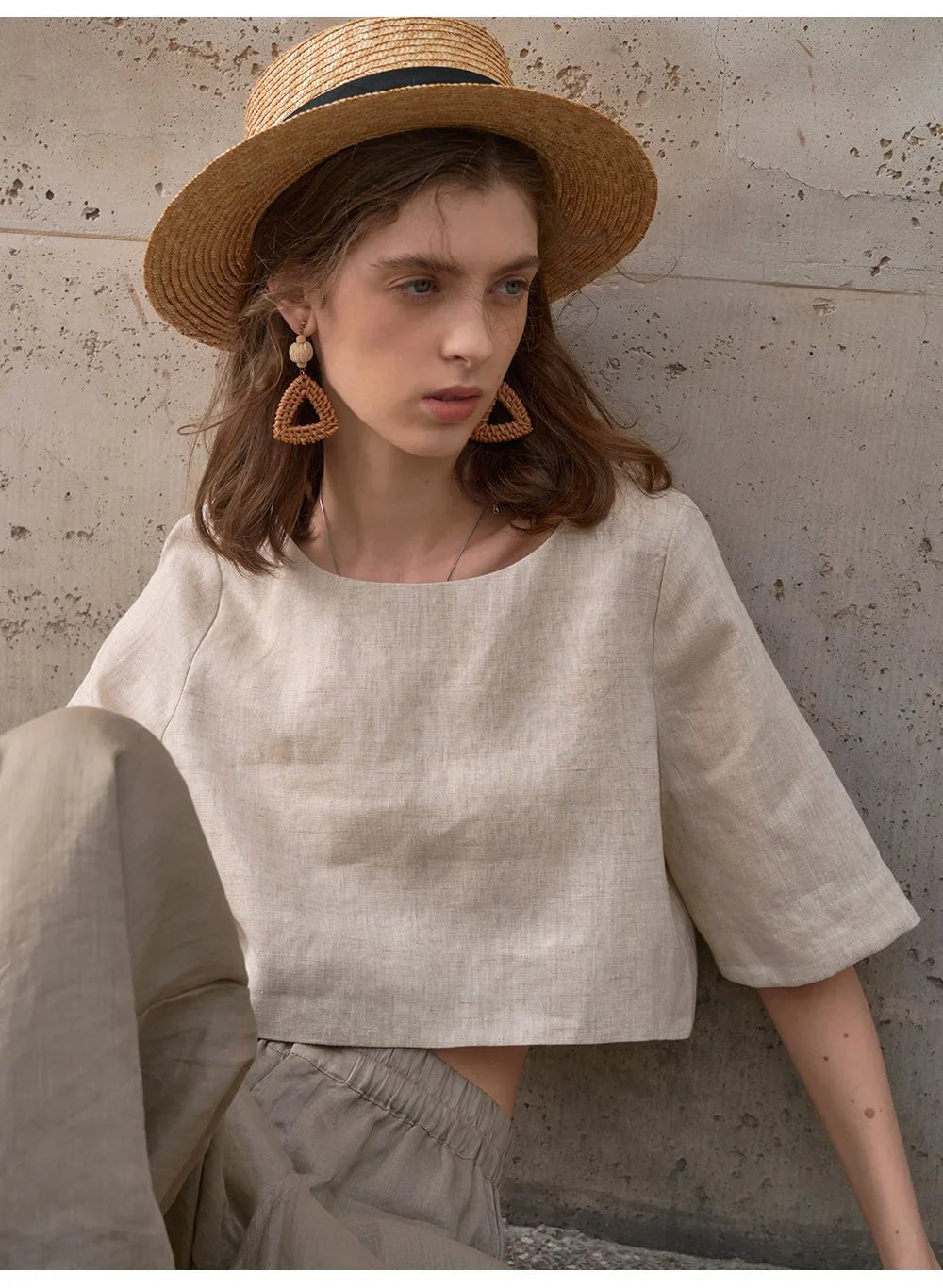 Damski Boxy Lniany Krótki Minimalistyczny Top