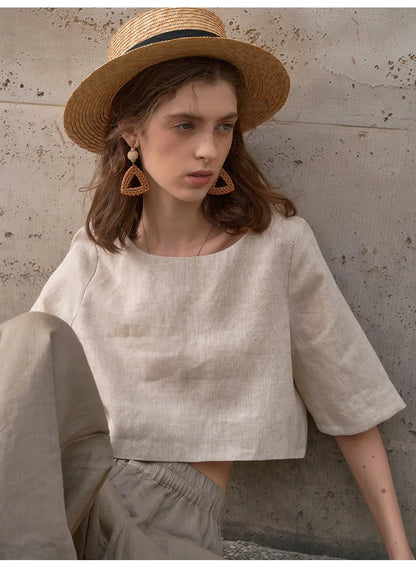 Damski Boxy Lniany Krótki Minimalistyczny Top