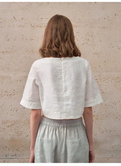 Damski Boxy Lniany Krótki Minimalistyczny Top