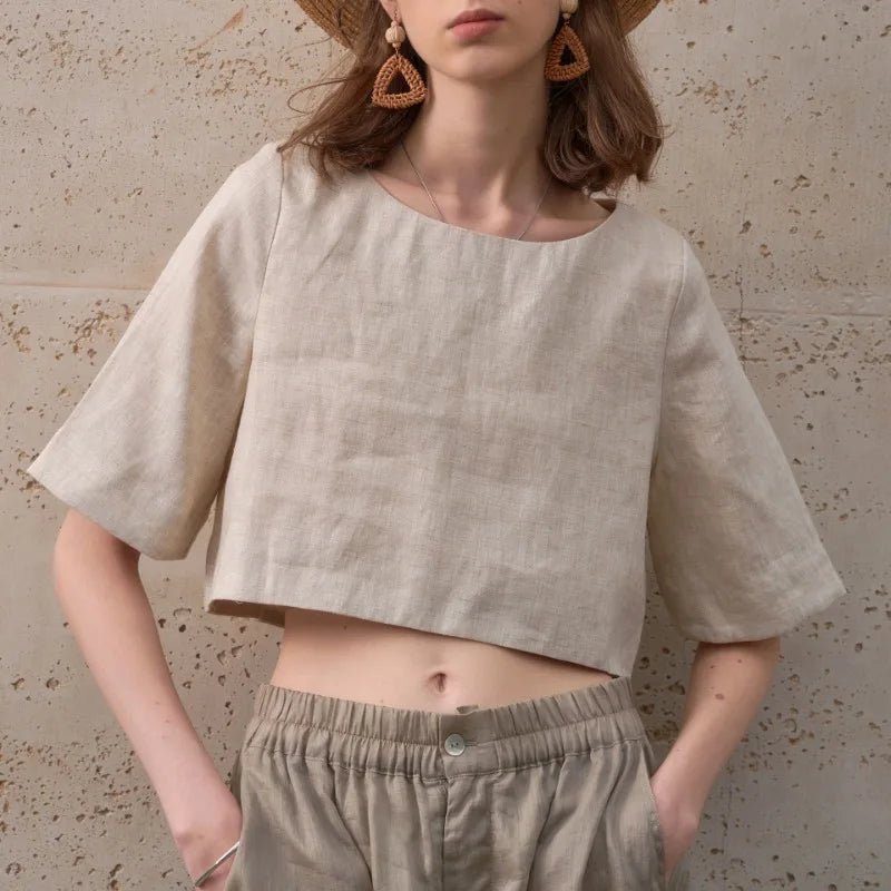 Damski Boxy Lniany Krótki Minimalistyczny Top