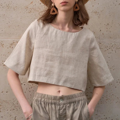 Damski Boxy Lniany Krótki Minimalistyczny Top