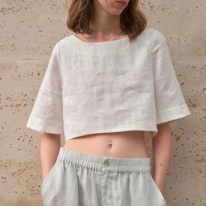 Damski Boxy Lniany Krótki Minimalistyczny Top