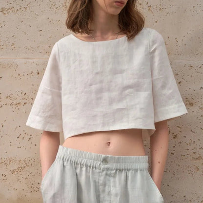 Damski Boxy Lniany Krótki Minimalistyczny Top