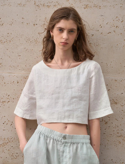 Damski Boxy Lniany Krótki Minimalistyczny Top