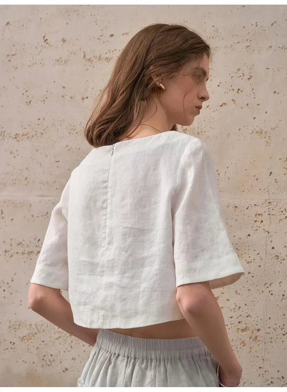Damski Boxy Lniany Krótki Minimalistyczny Top