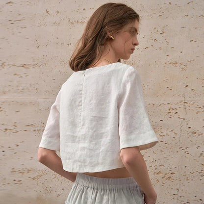 Damski Boxy Lniany Krótki Minimalistyczny Top