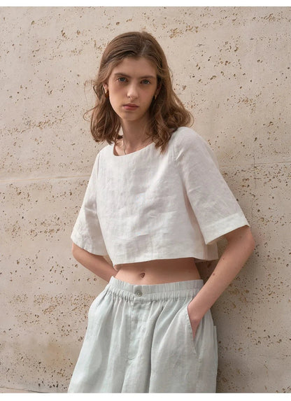 Damski Boxy Lniany Krótki Minimalistyczny Top
