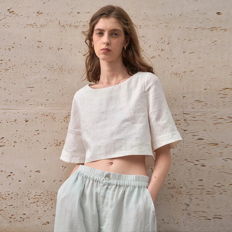 Damski Boxy Lniany Krótki Minimalistyczny Top