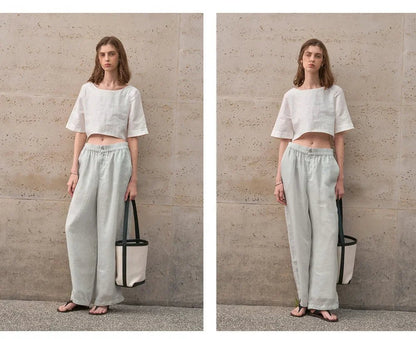 Damski Boxy Lniany Krótki Minimalistyczny Top