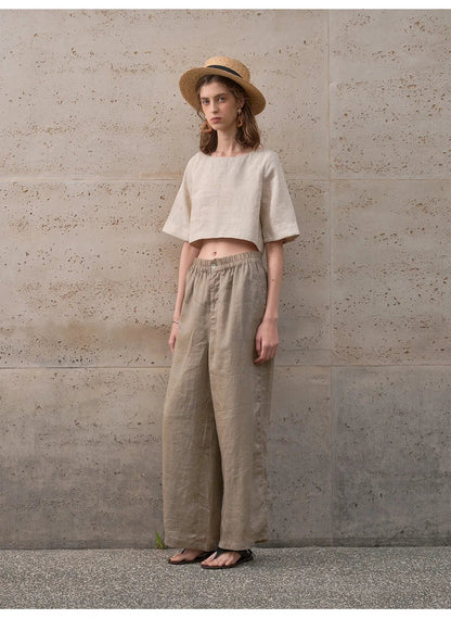 Damski Boxy Lniany Krótki Minimalistyczny Top