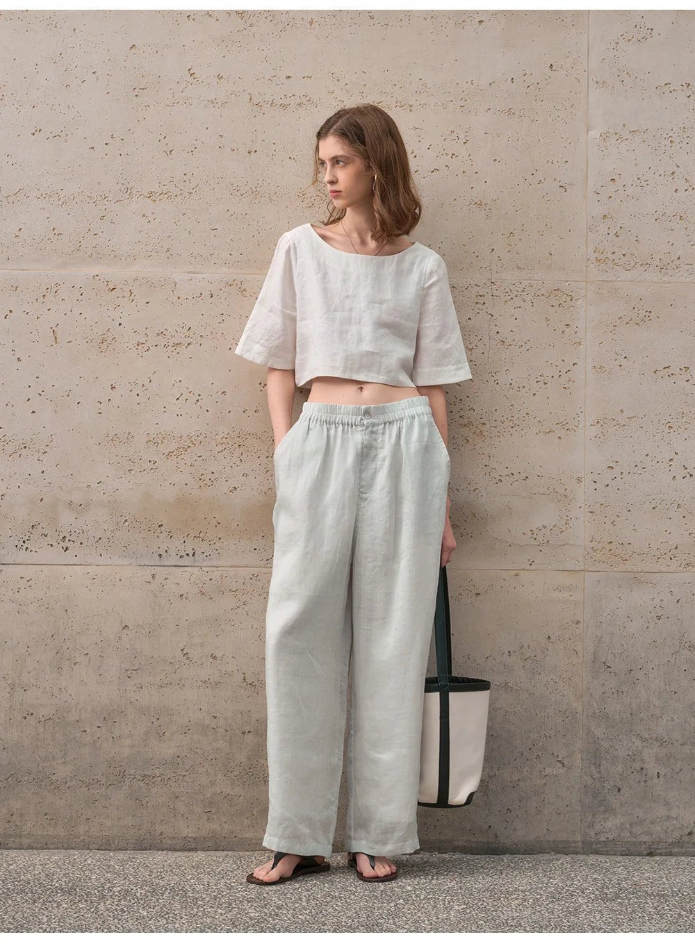 Damski Boxy Lniany Krótki Minimalistyczny Top