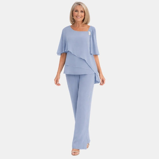 Damski Elegancki Formalny Krótki Rękaw Zestaw Bluzka i Spodnie