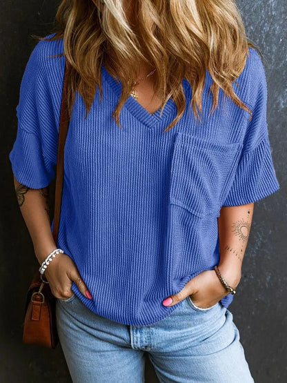 Damski Letni Casual Dekolt V Kieszeń T-Shirty