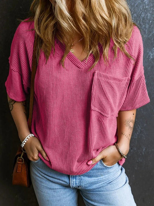 Damski Letni Casual Dekolt V Kieszeń T-Shirty
