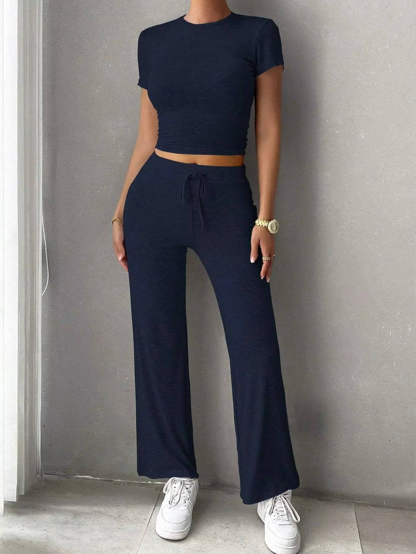 Damski Letni Lounge Krótki Rękaw Szerokie Nogawki Komplet