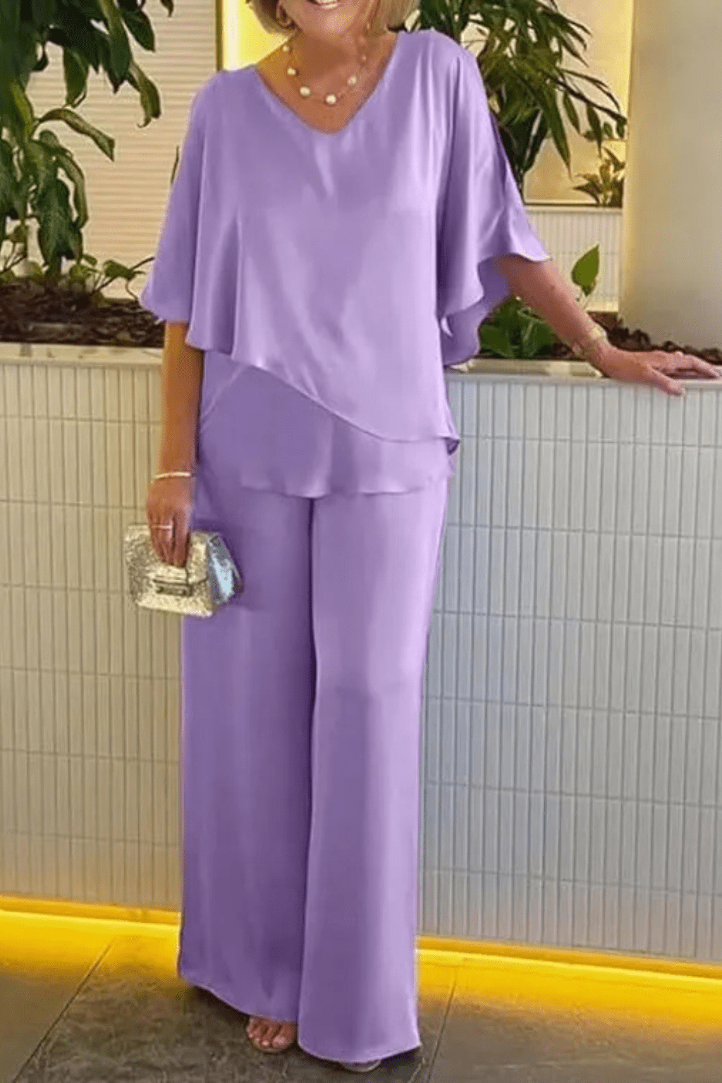 Damski Letni Nietoperz Dekolt V Zestaw Szerokie Spodnie