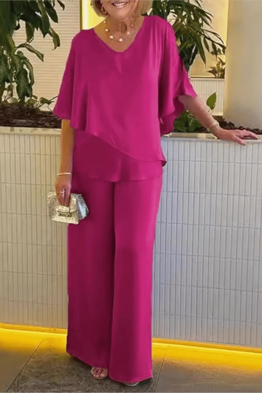 Damski Letni Nietoperz Dekolt V Zestaw Szerokie Spodnie