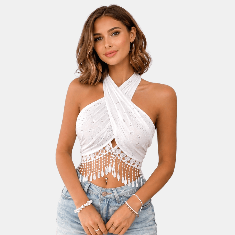 Damski Letni Top Halter z Koronki z Frędzlami