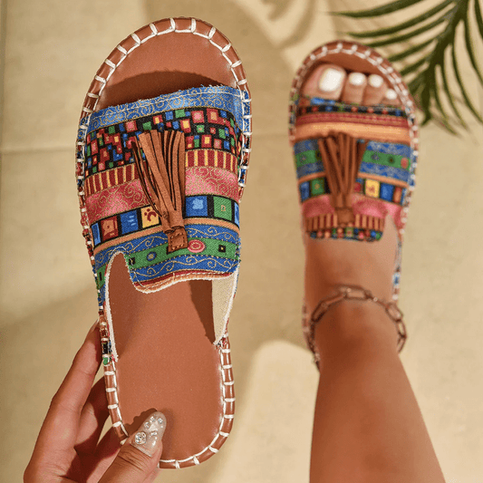 Damski Letnia Boho Frędzle Kolorowe Wsuwane Casual Sandały