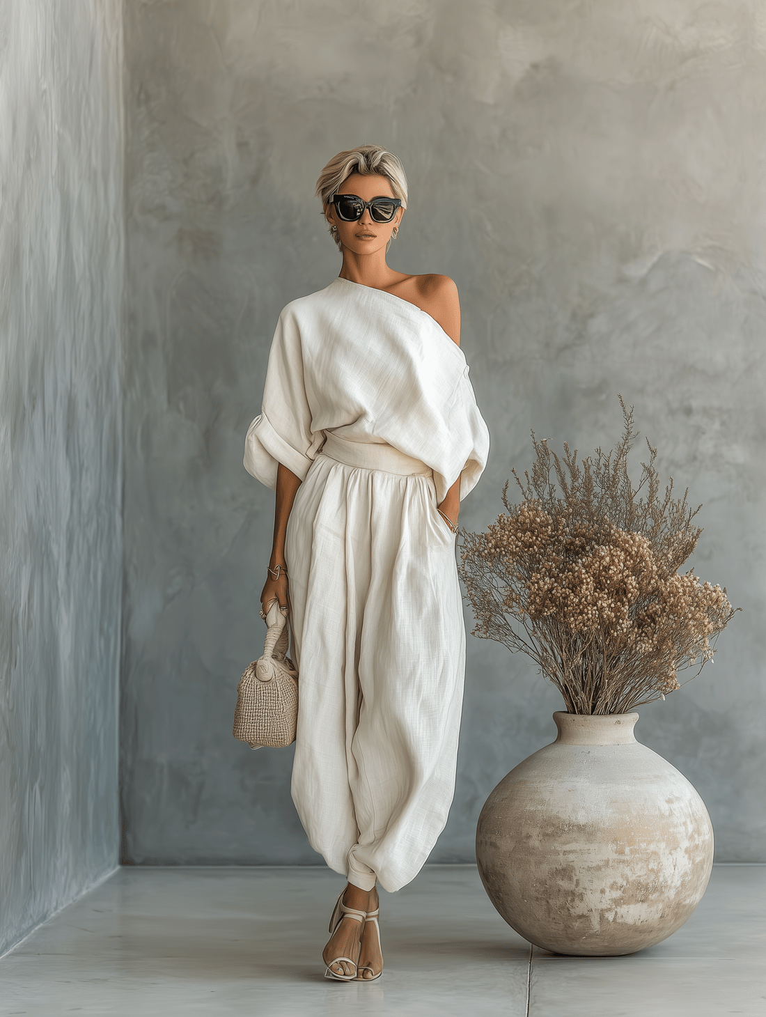 Damski Lniany Jedno Ramię Luźny Minimalistyczny Set Kombinezon