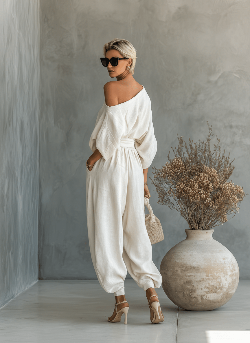 Damski Lniany Jedno Ramię Luźny Minimalistyczny Set Kombinezon