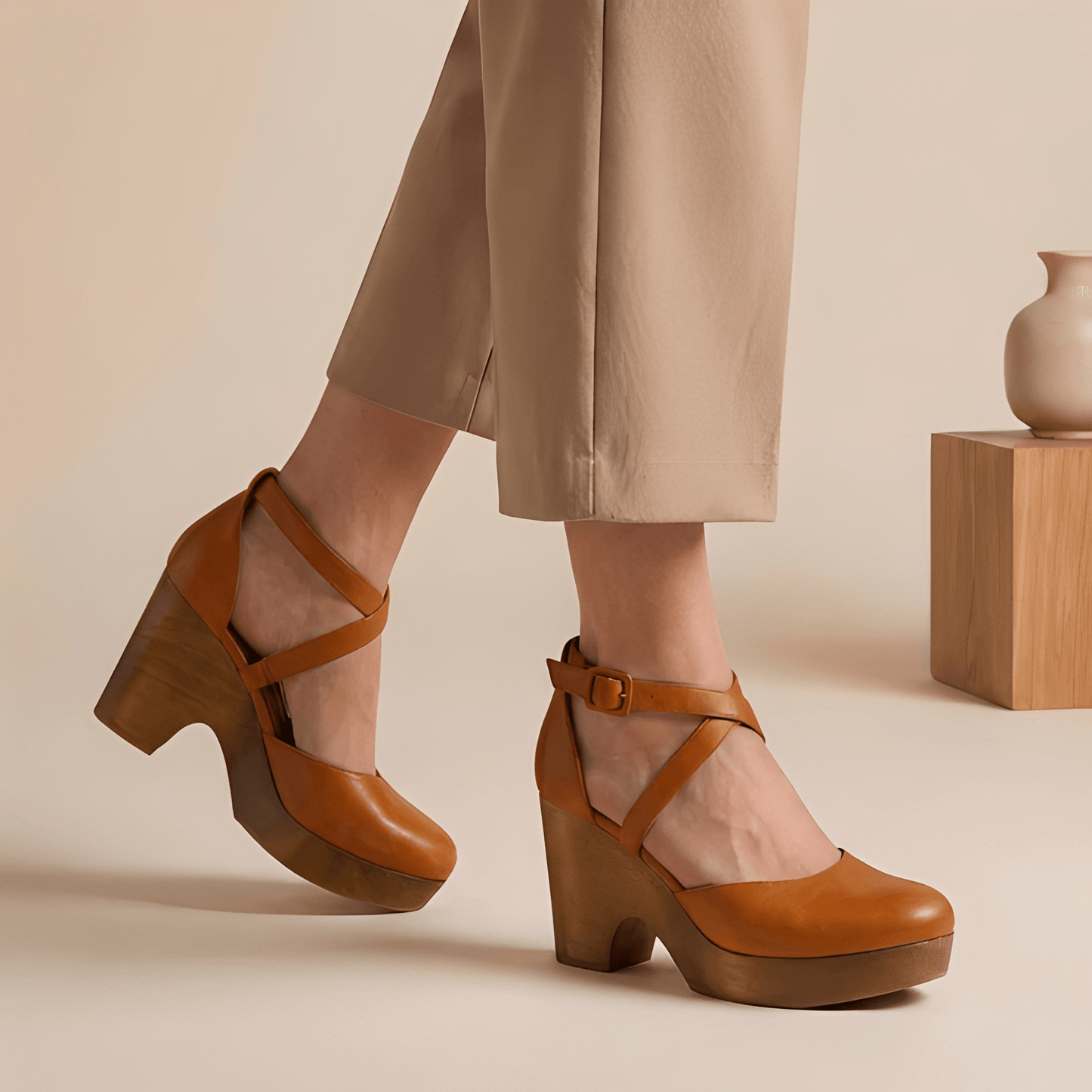 Brown platform shoes worn with beige pants on a neutral background
