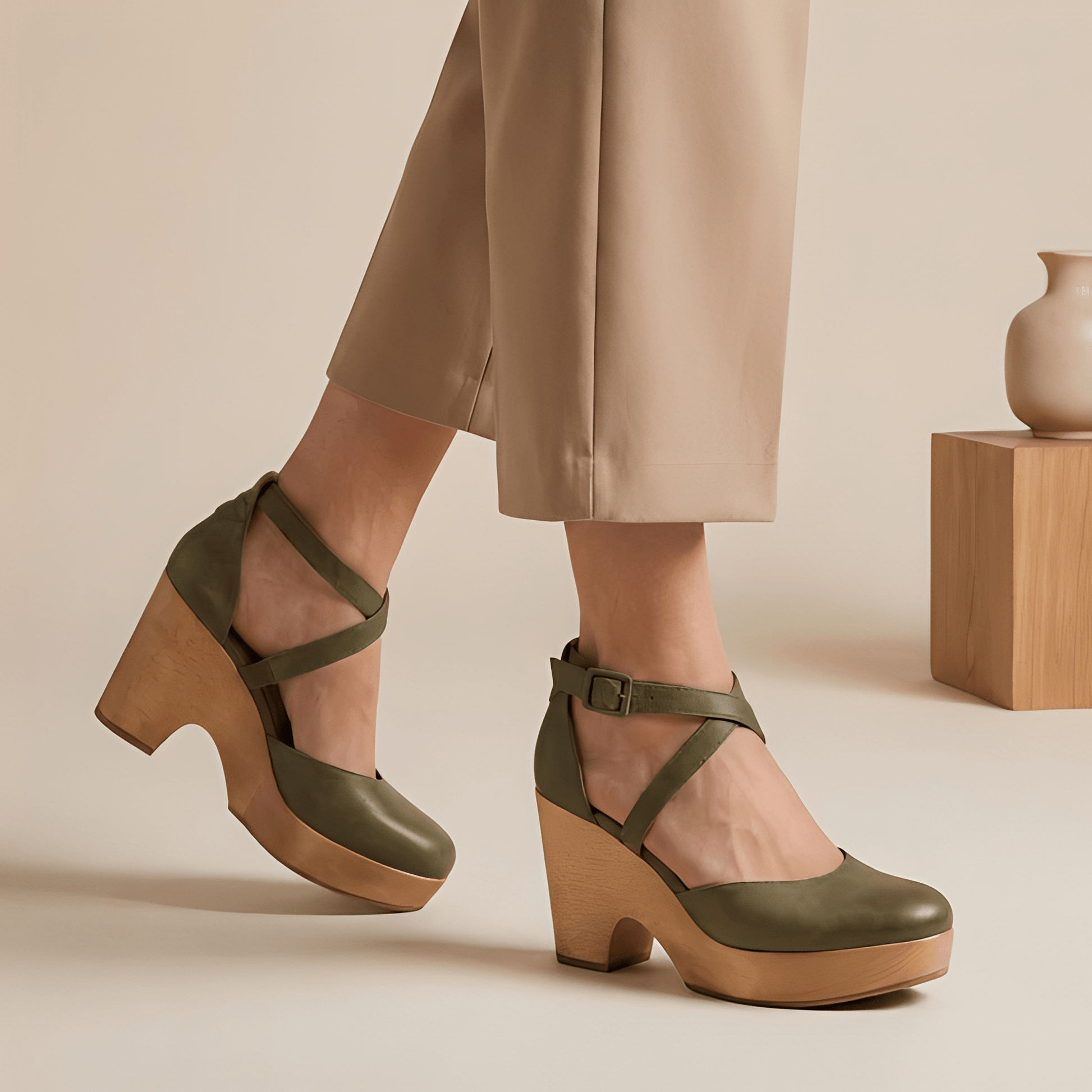 Green platform shoes with wooden sole worn by a person, on a neutral background