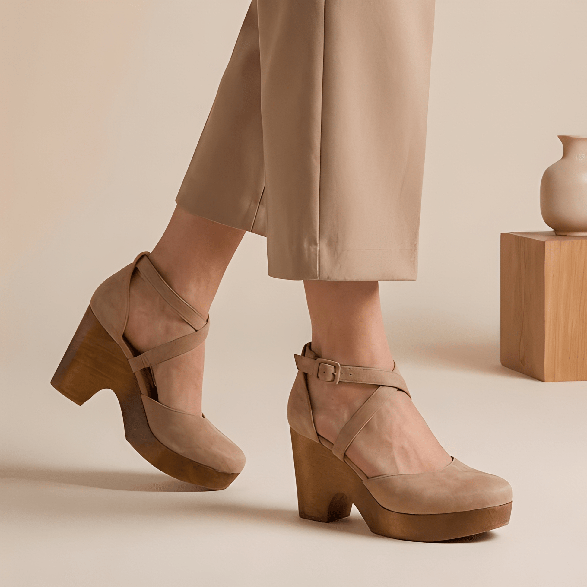 Beige suede platform shoes worn with beige pants on a neutral background