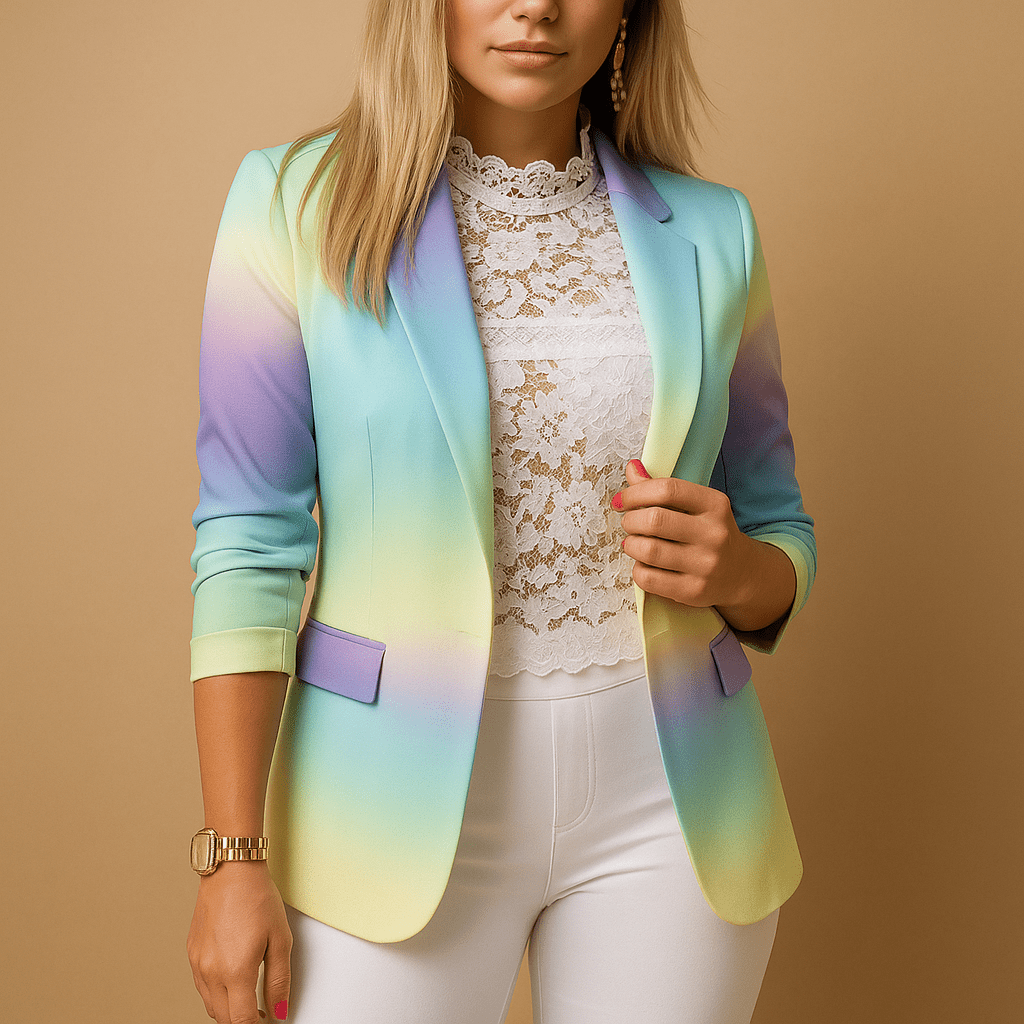 Woman wearing a colorful blazer with a gradient effect on a beige background