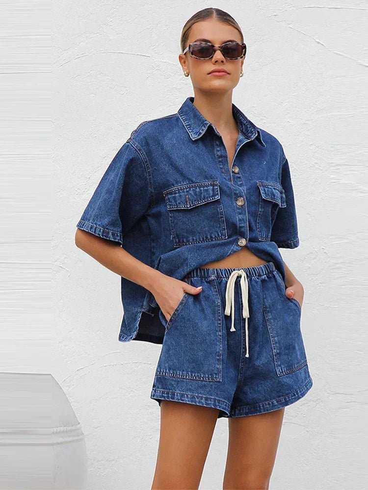Damskie Letnie Denim Casual Guziki Kieszenie Sznurek Szorty Zestaw