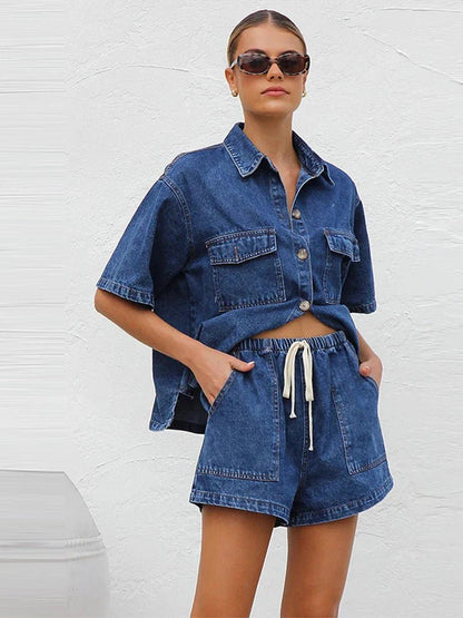 Damskie Letnie Denim Casual Guziki Kieszenie Sznurek Szorty Zestaw