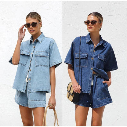 Damskie Letnie Denim Casual Guziki Kieszenie Sznurek Szorty Zestaw