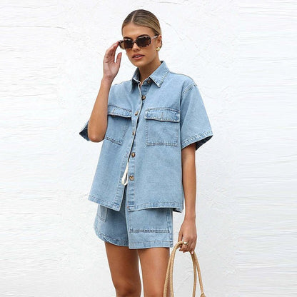 Damskie Letnie Denim Casual Guziki Kieszenie Sznurek Szorty Zestaw