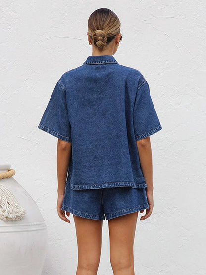 Damskie Letnie Denim Casual Guziki Kieszenie Sznurek Szorty Zestaw