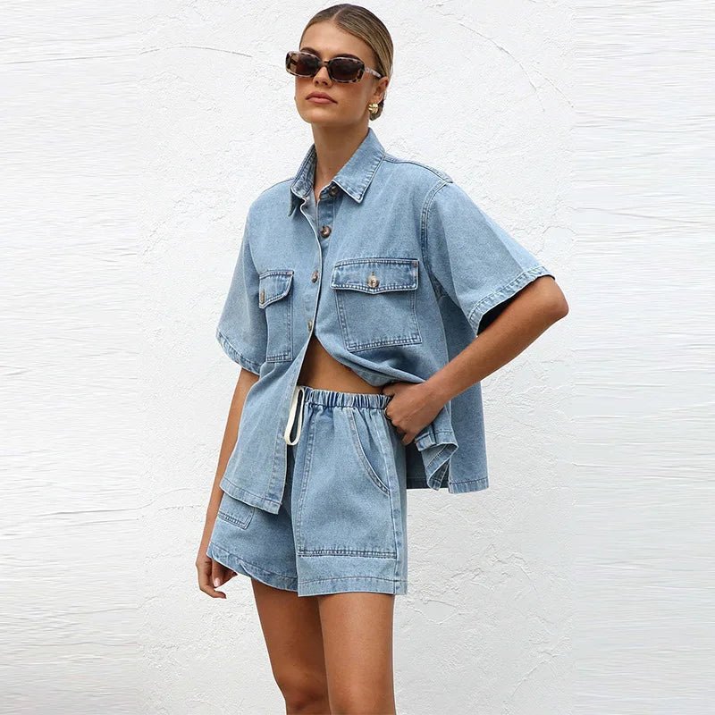 Damskie Letnie Denim Casual Guziki Kieszenie Sznurek Szorty Zestaw