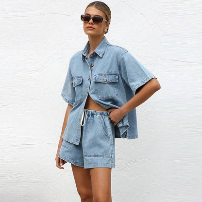 Damskie Letnie Denim Casual Guziki Kieszenie Sznurek Szorty Zestaw