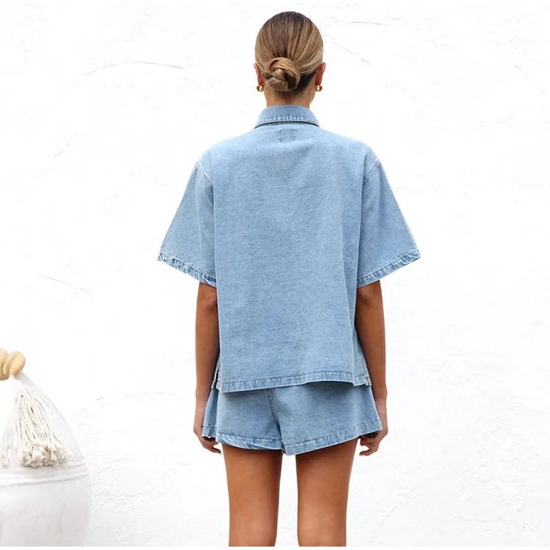 Damskie Letnie Denim Casual Guziki Kieszenie Sznurek Szorty Zestaw