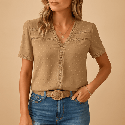 Damskie Letnie Eleganckie Koronka V-Neck Krótki Rękaw Bluzka